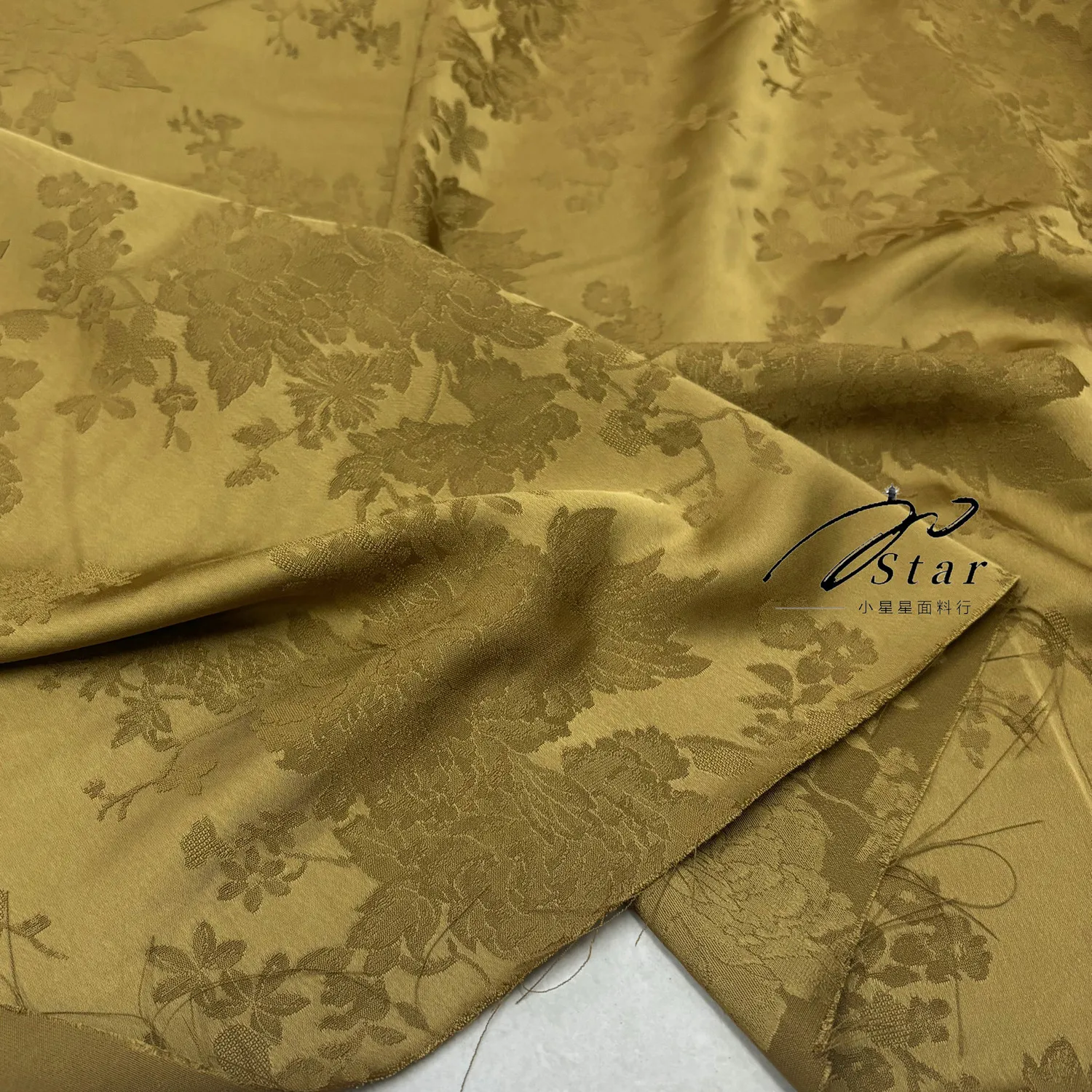 Brown Yellow Peony Triacetate Jacquard Satin Fabric Cheongsam Dress Cloth Silk Drape Summer