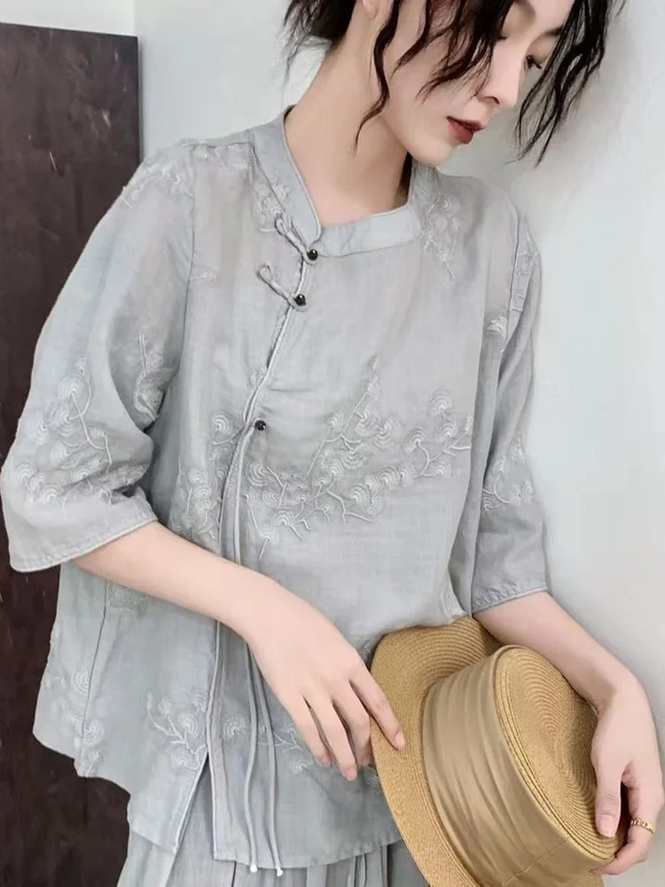 

Ele Embroidered Cotton Linen irt round Ne Thin ort Sve Summer Tea Costume Women's Busin Casual Loose Fit Top