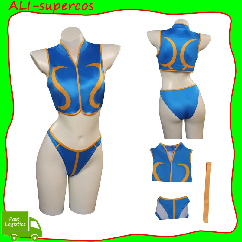 Maillot de bain Cosplay Chun-Li pour femme, tenues de jeu SF, maillots de bain, ensemble court en Y, bikini sexy d'été, fête d'Halloween et de carnaval, trempé