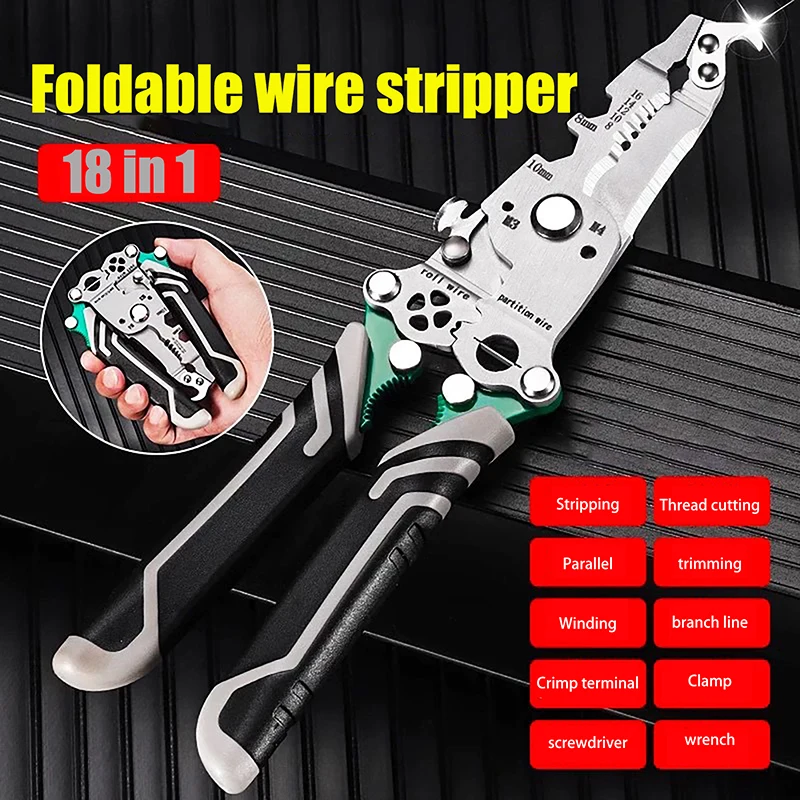 1PC Crimper Cable Cutter Pliers 18 In 1 Foldable Wire Stripper Upgraded Multifunctional For Wire Stripping Shearing Cutting Tool