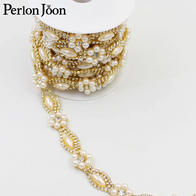 Pearl flower rhinestone trim plating gold silver flatback pearl crystal decorative chain clothing accessories ML090