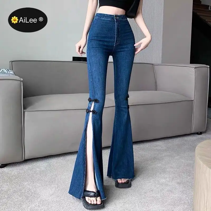 

High Split Denim Jeans Long Flare Floor Pants Women Lady Slim Wide Cuff Boot Cut Trousers Autumn Summer Fashion High Streetwear