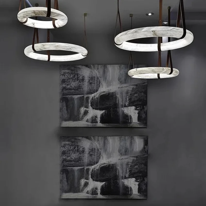 Spanish Natural marble Round designer chandelier Leather hanging Ceiling lustre RC dimming Suitable for dining room