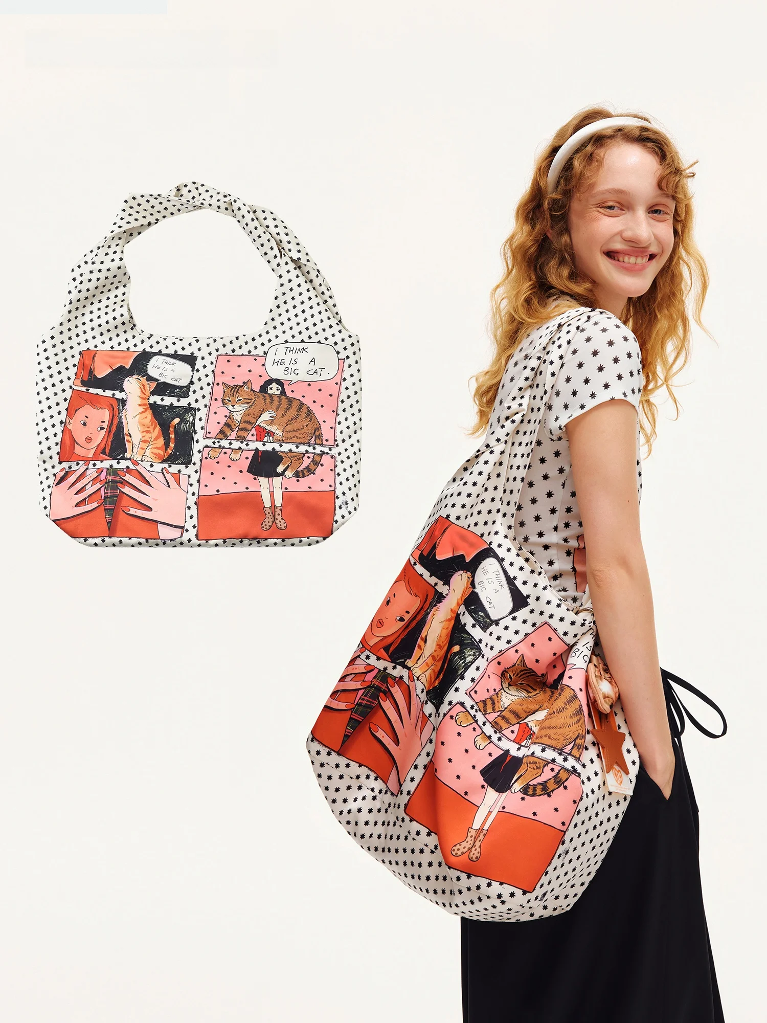 

OuttheBlue Large Capacity Satin Print Cartoon Style Knot Tote Bag Fashionable Square Polyester Fiber Ladies Shoulder Bag