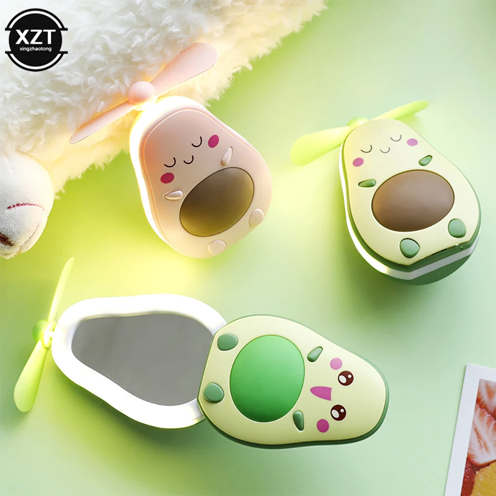Mini Multifunktionale LED Make-Up Spiegel und Fan 2 In 1 Integrierte Nette Avocado Geformt Praktische Tragbare USBCharging Handheld Fan