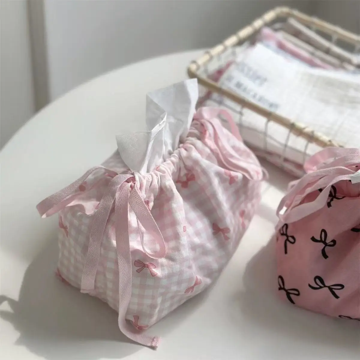 Ins Desktop Storage Bag Cute Pink Drawstring Tissue Bag Ins Style Bow Korean Storage Bag Multi-purpose Storage Bag Cute Gift