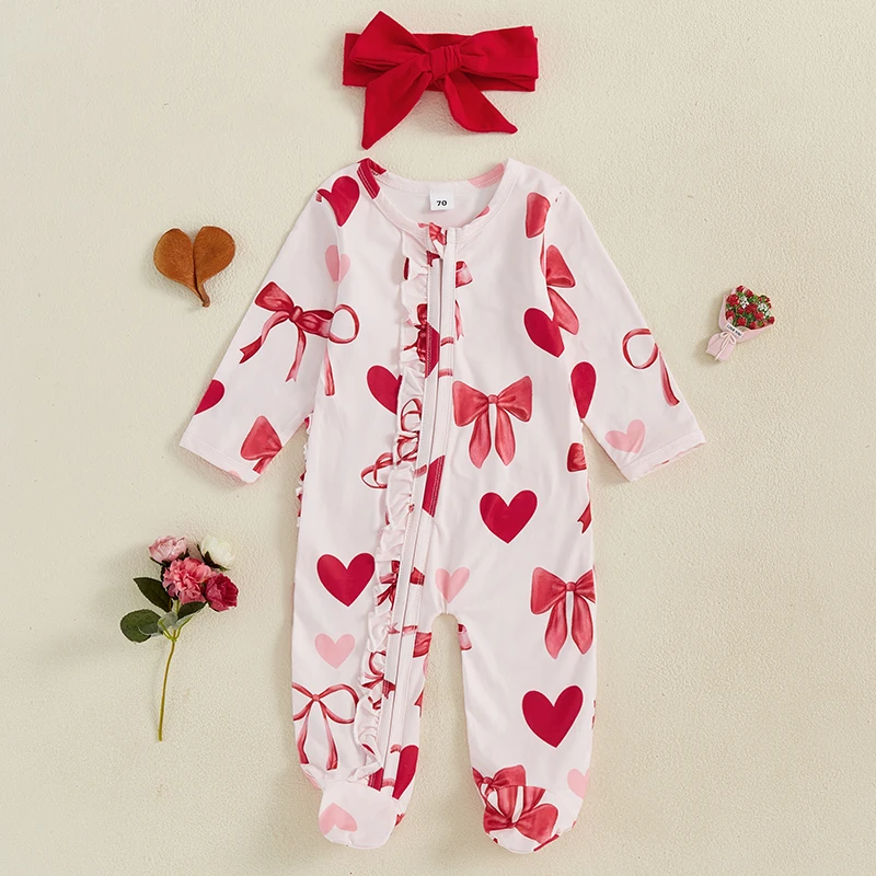 

0-18Months Baby Girls Valentine's Day Clothes Outfit Bow Heart Print Long Sleeve Ruffles Zip-up Footies Jumpsuit and Headband