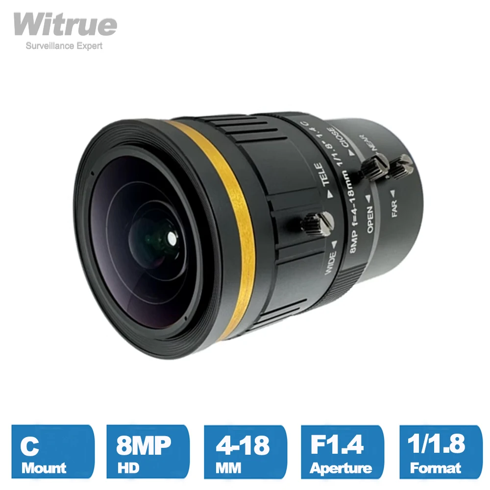 Witrue HD 4K 8-megapikselowy obiektyw zmiennoogniskowy z mocowaniem C 4-18 mm Apertuer F1.4 Format 1/1.8 do kamer monitorujących