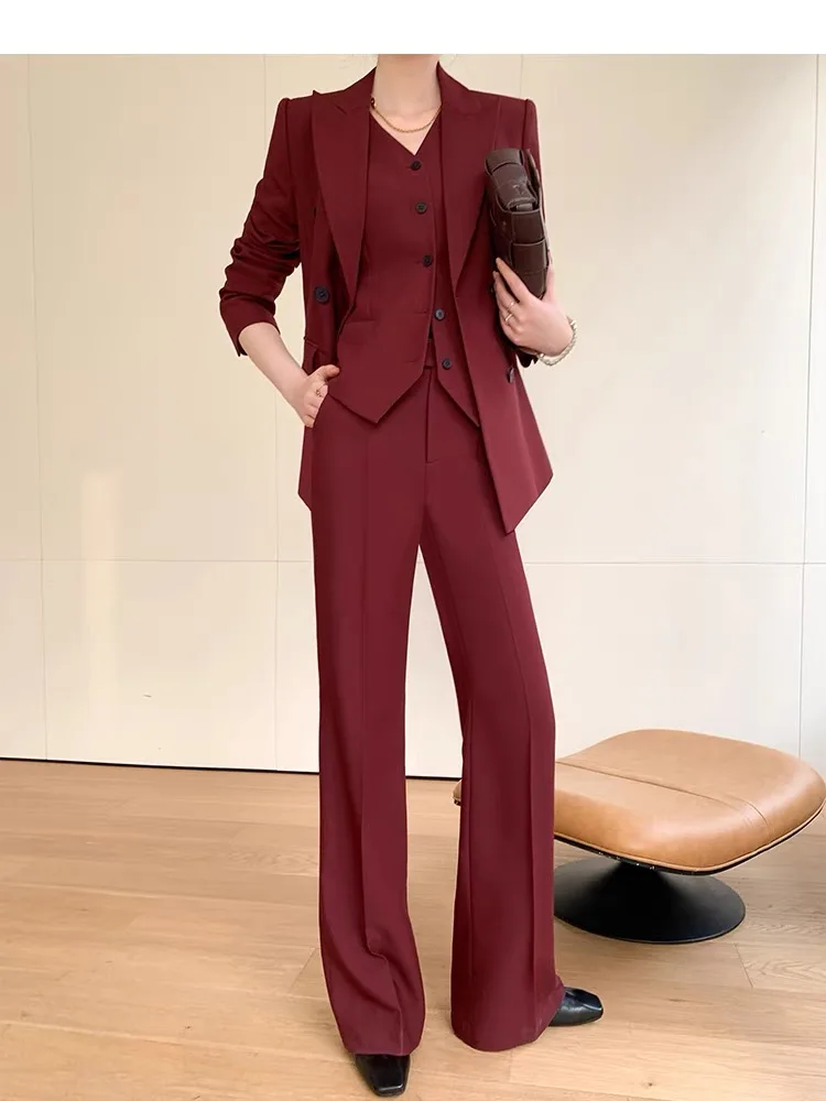 Elegant Burgundy Blazer Suit Office Women\'s Three-Piece Set Professional Formal Vest Pants Suit 2022 Autumn Korean Clothing