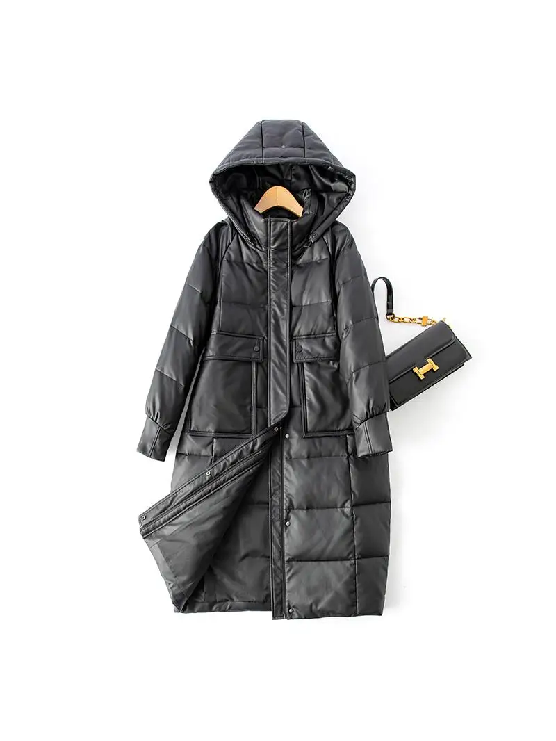 2025年冬 レディース ロング丈 オーバーニー ファーコート シエンド 本革 耐久性のあるシープスキンコート 取り外し可能なフード付き 通勤用