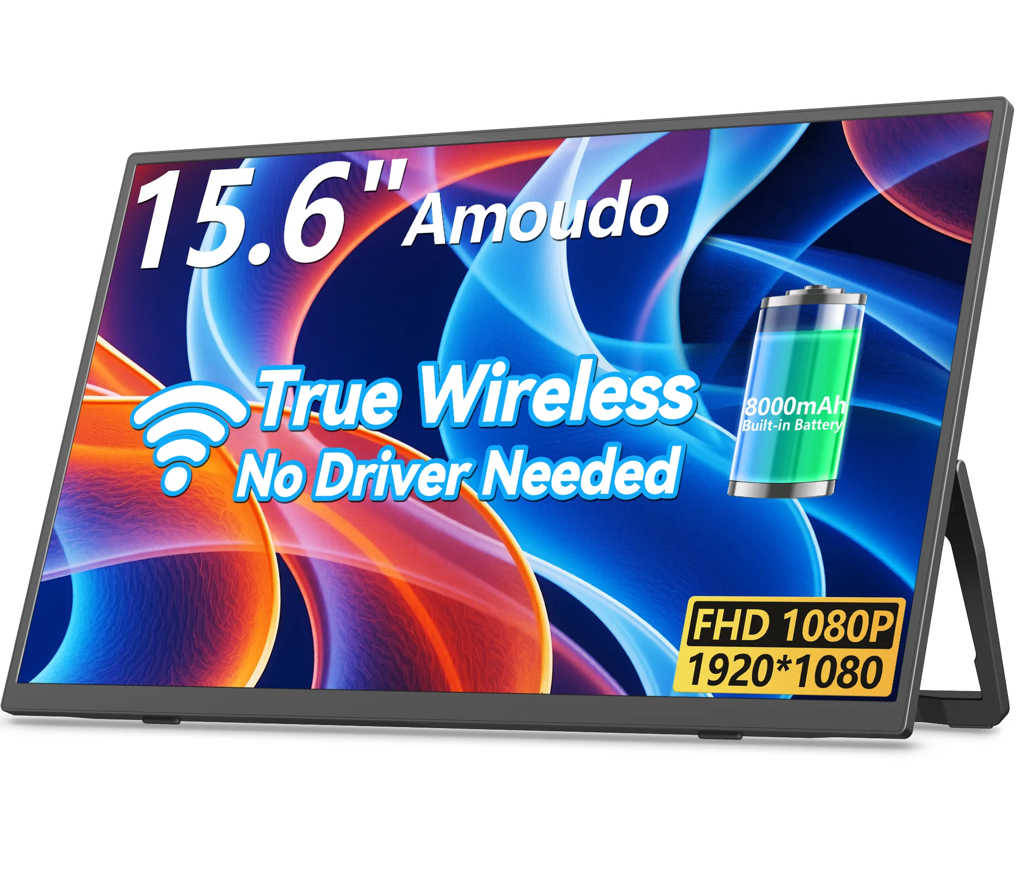 

Amoudo Wireless Mobile Monitor 15.6 Inches 1920 x 1080 Mobile Display Built-in Battery Freestanding Stand IPS Portable Monitor