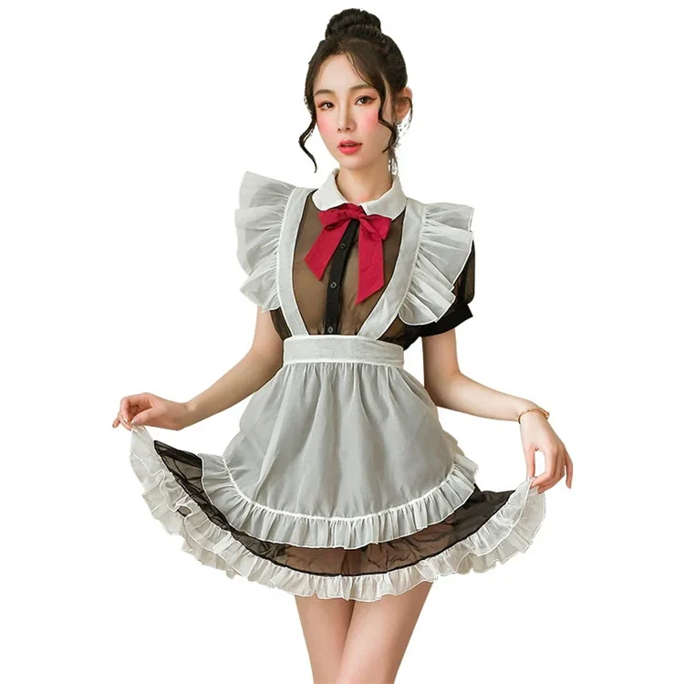 

Sexy Lingerie Uniform Seductive Lacing Apron Mesh See-through Role Play Sexy Maid Set