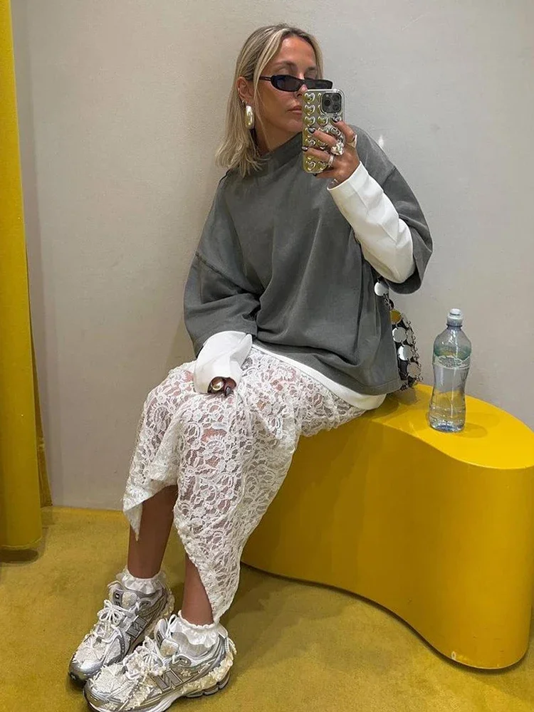 TARUXY White Lace Skirts For Women Jacquard Hollow Out Split Long Skirt See-Through Autumn High Waisted Fashion Streetwear Skirt