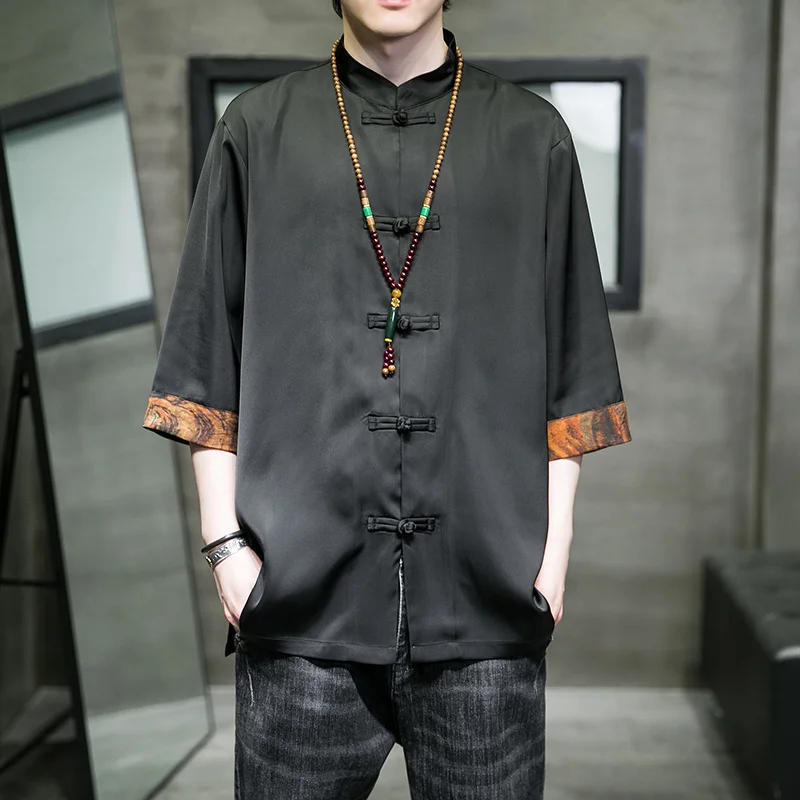 

Chinese Traditional Dress Large Size Ice Silk Tang Suit Ethnic Style Short Sleeve Shirt Retro Tai Chi Kung Fu Suit Men Clothing