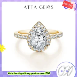 ATTAGEMS Pear Cut 2.0CT D Color VVS1 Luxury Moissanite Ring Real 925 Sterling Silver for Women Engagement Wedding Jewelry Gift