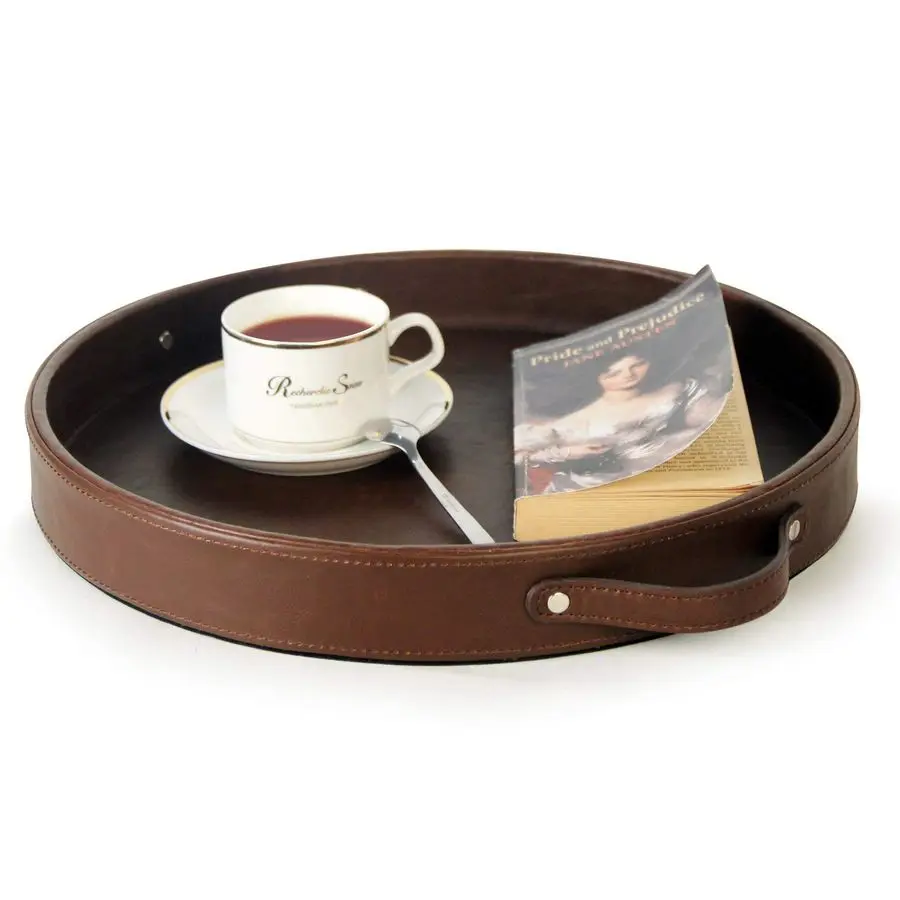 

Top Nocth PU Leather Round Serving Tray, Decorative Serving Tray with Handles, Coffee Tray, Ottoman Tray for Home Or Office, Dia
