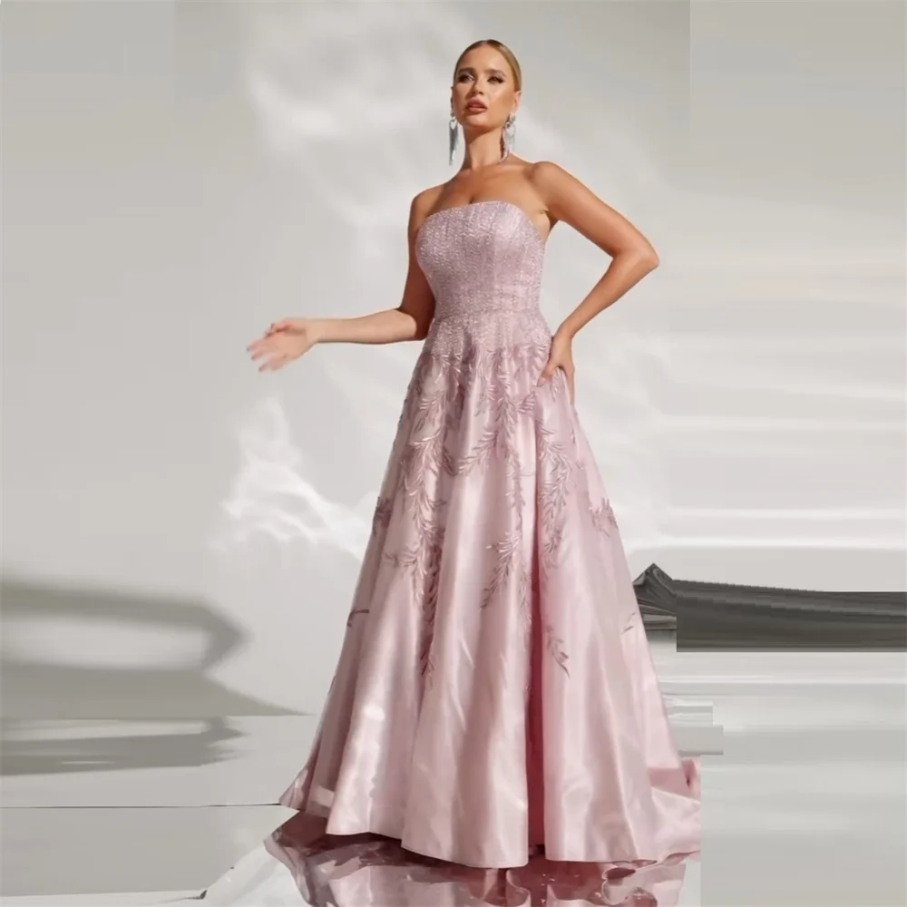 Customized Saudi Arabia Formal Evening Gown Strapless A-line Floor Length Draped Embroidery Bespoke Occasion Dresses