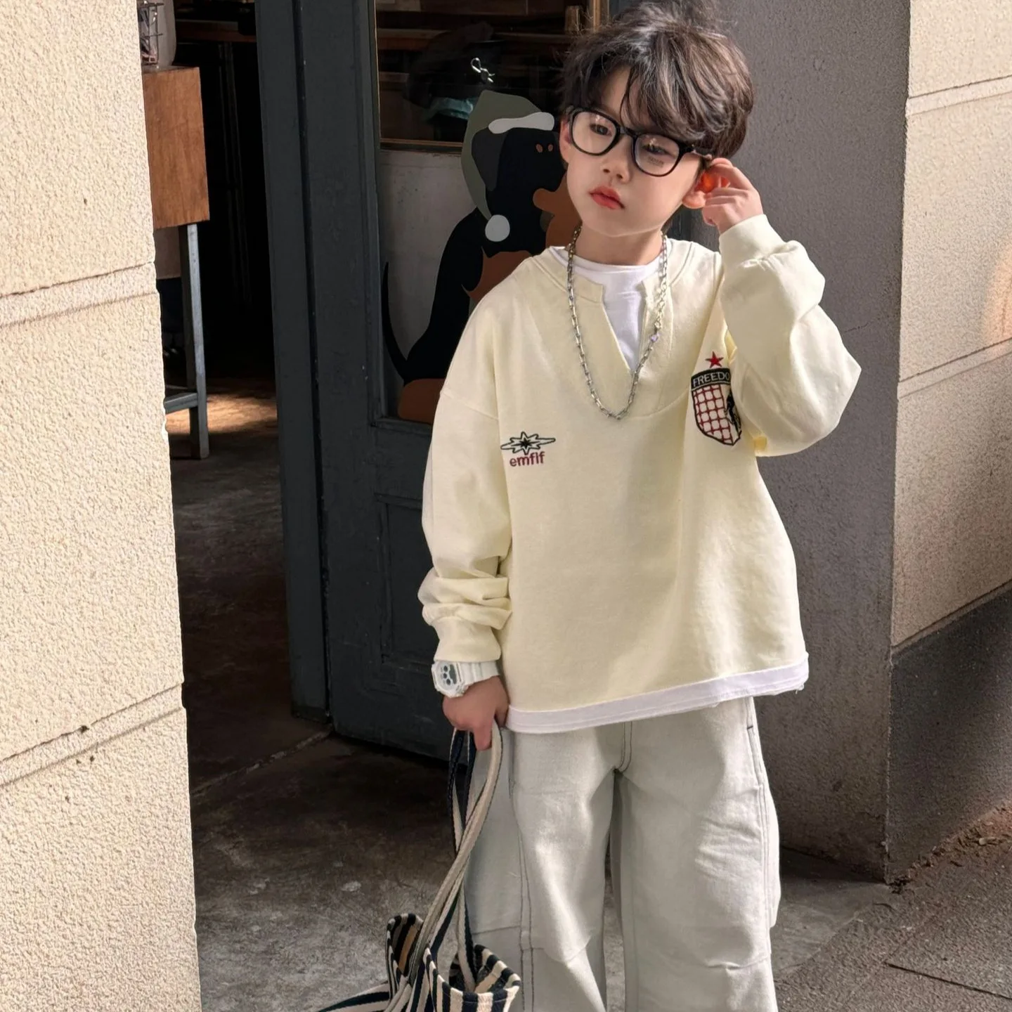 

Children Clothing Design Sense All Match Pullover 2025 Spring New Boys Fashion Leisure Fake Two Crew Neck Cotton Hoodie