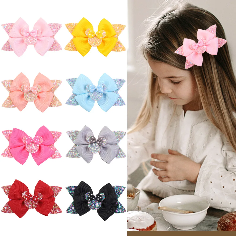 

12pcs/lot 10cm New Girls Headwear Glitter Mouse Hair Adorable Girls Hair Clip Pink Wave Point Bow Cartoon Hairpin Hair Accessori
