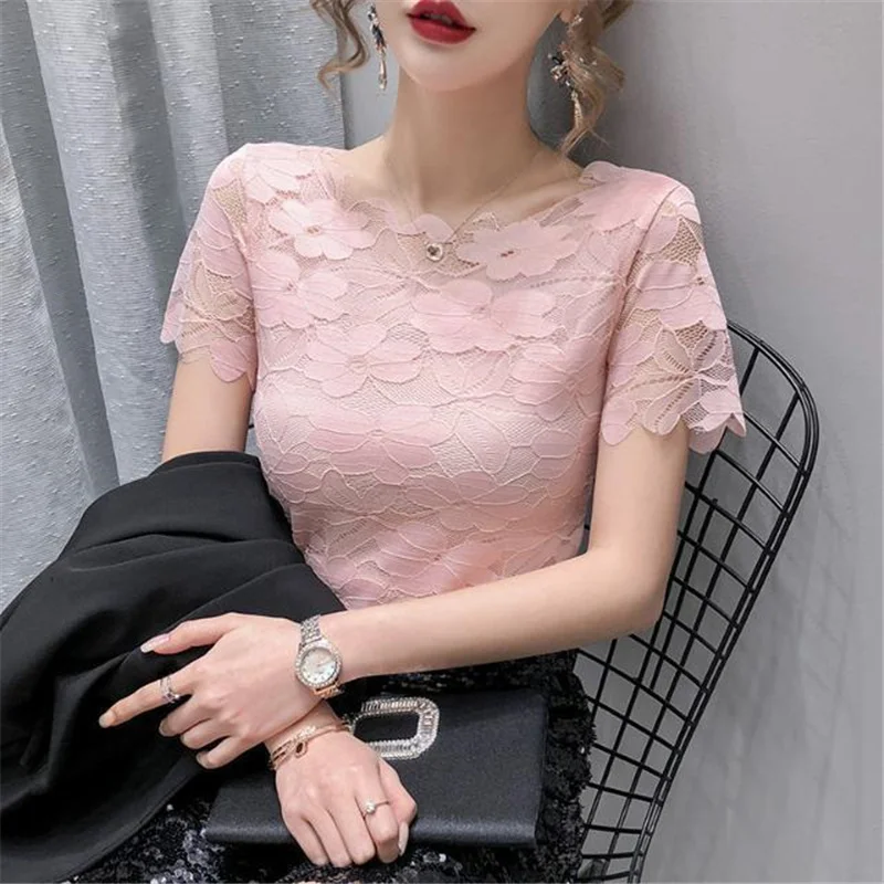 Elegant Sexy Chic Lace Slim Solid Short Sleeve Office Lady Basic Tops Summer Korean Fashion Women's O Neck T-shirts Clothing2023