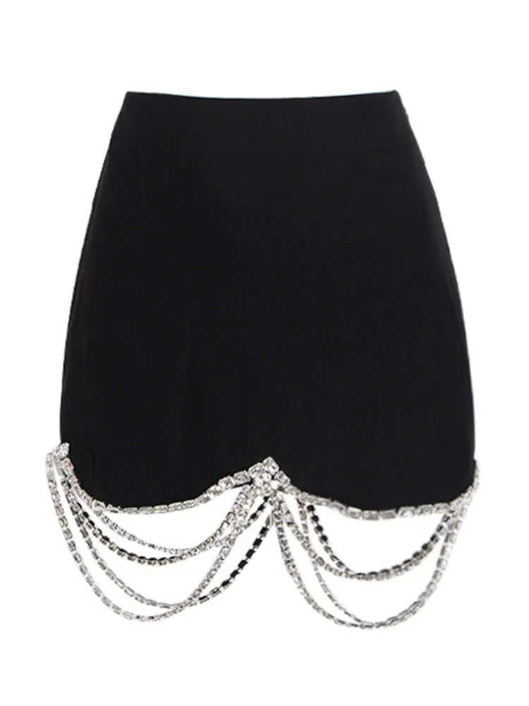 CHICEVER Casual Black Chain Tassels Hem Skirt For Women High Waist Solid Minimalist Mini Skirts Female Fashion Summer Clothing