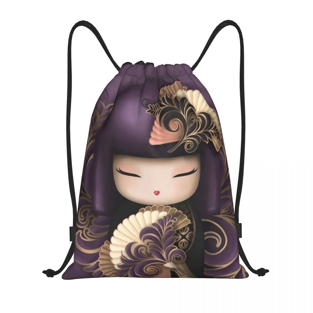 Japanese Girl Sakura Kokeshi Doll Drawstring Backpack Women Men Sport Gym Sackpack Foldable Shopping Bag Sack