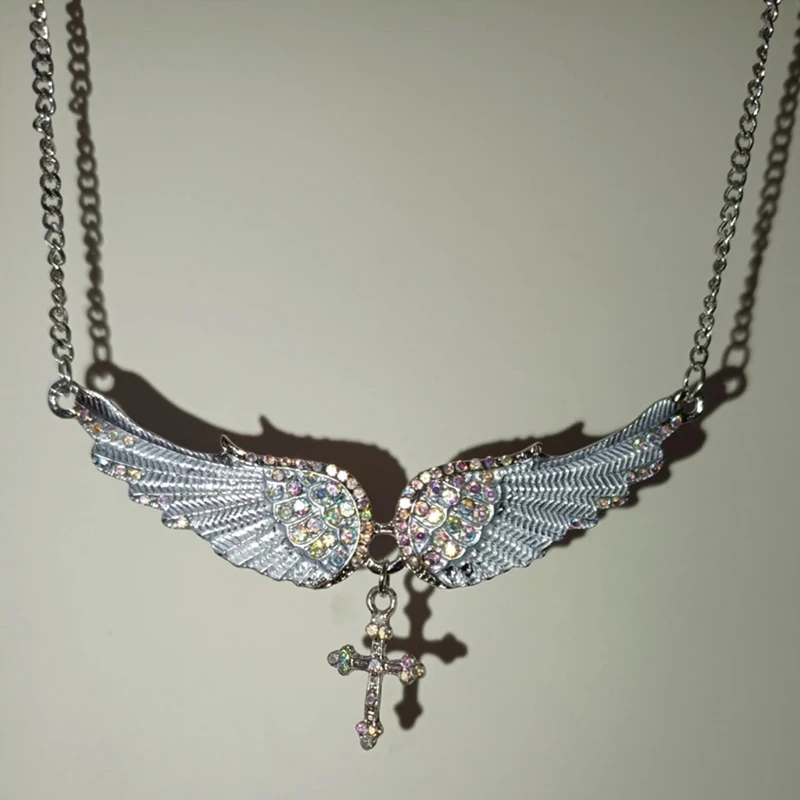 Angel Wings Cross Pendants Necklaces Vintage Blue White Pink Charm Crystal Jewelry Necklaces for Women Wedding Accessories Gifts