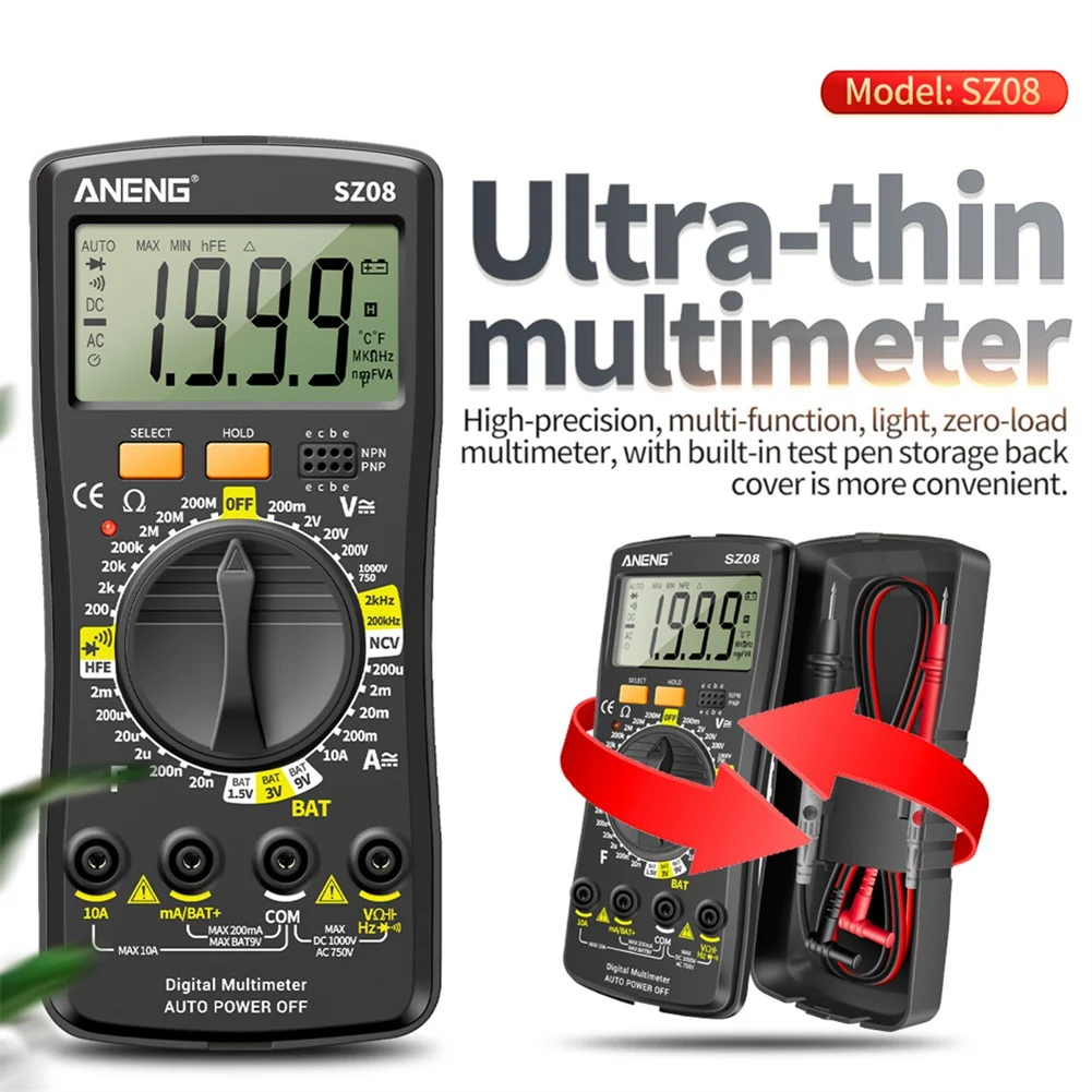 ANENG SZ08 Digital Multimeter Ultra-Thin Storage Professional Multimetro Auto Voltmeter AC DC Resistance Handhold Testers(Black)