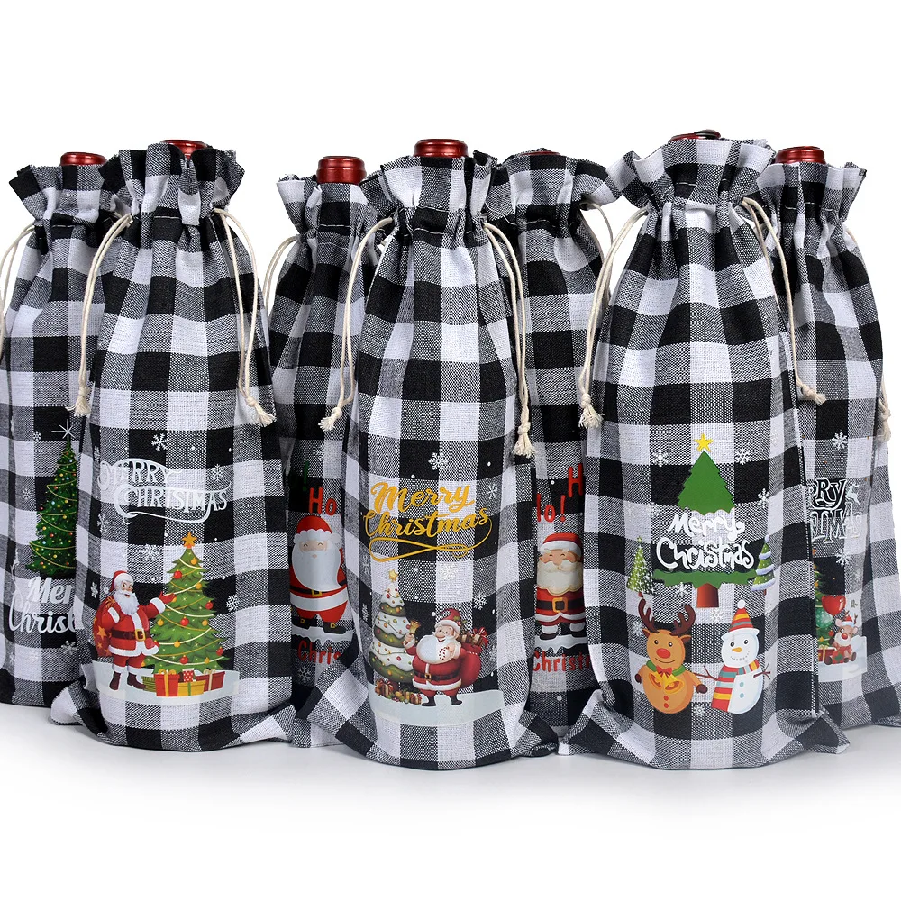 

Christmas Wine Bag Simple Grid Tie Bag for Christmas Party Dinner Table Decoration Reusable Gift Packaging Bag Cajas Para Regalo