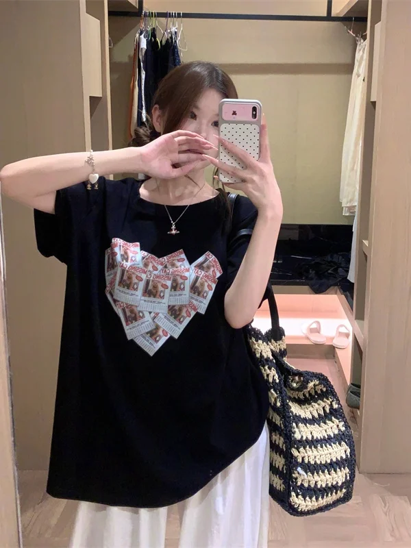 

Loose Casual plus Size Women's T-Shirt Short Sleeve Heart Print Summer Fashion Shoulder Width Breathable Comfortable Korean S...