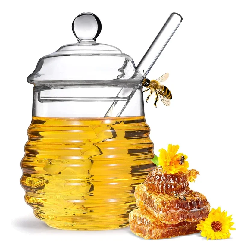 

Honey Jar Glass Honey Pot Syrup Dispenser with Dipper and Lid Beehive Honey Container for Home Kitchen Accessories 250ML