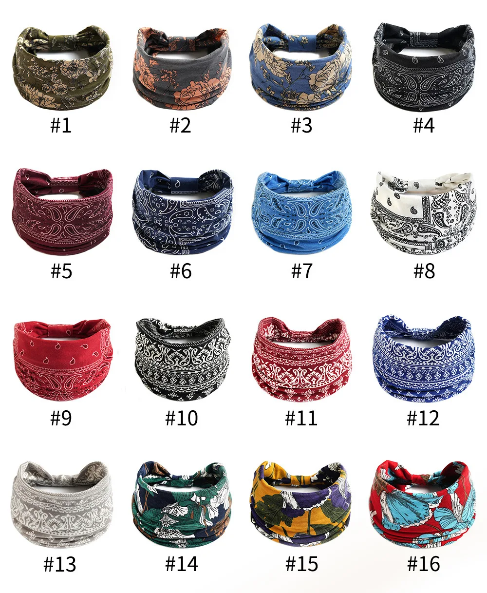 Boho Flower Print Wide Headbands Vintage Knot Elastic Turban Headwrap for Women Girls Cotton Soft Bandana Hair Accessories