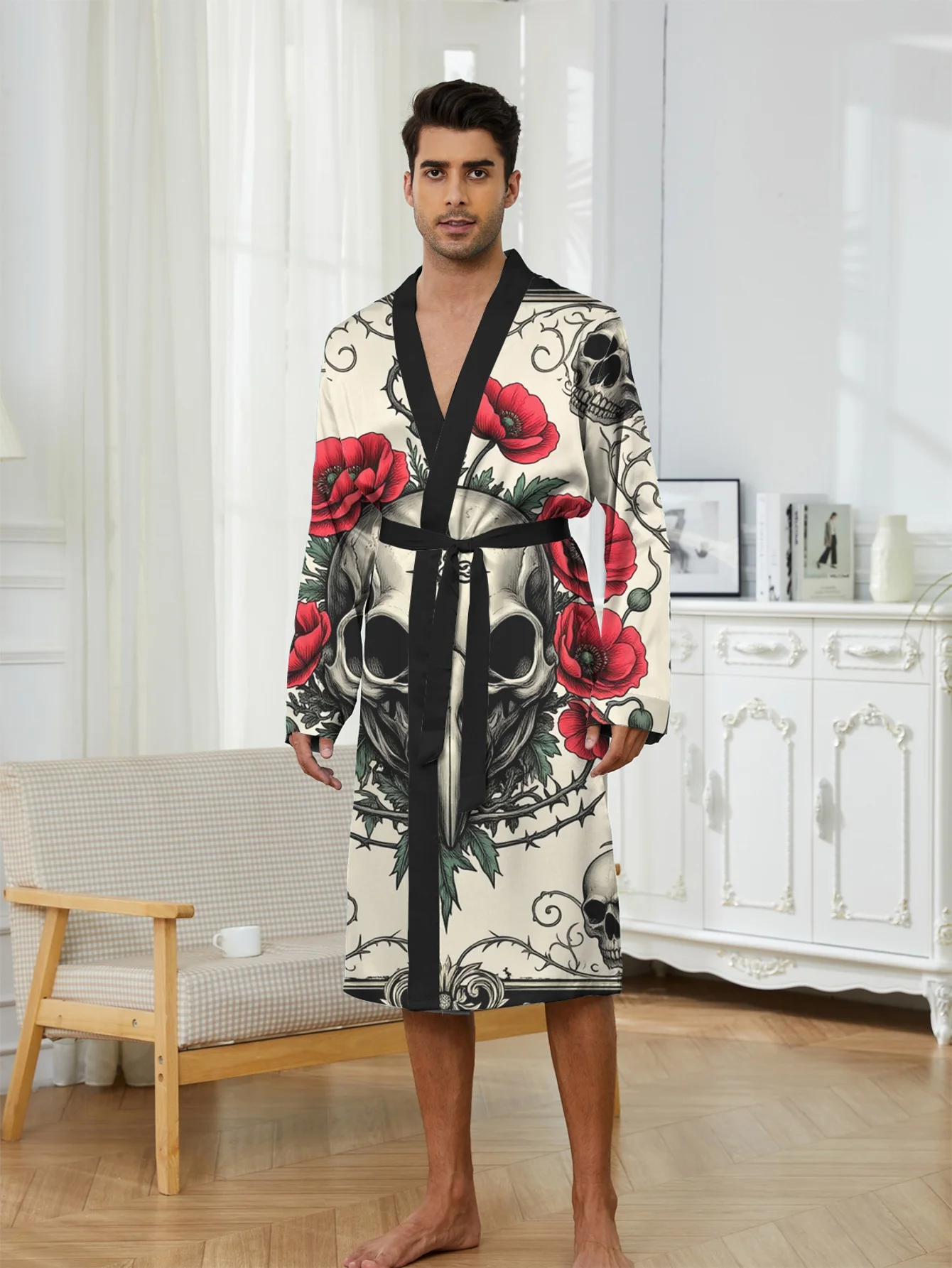 

1pc Men's Quick-Dry Robe with Belt - Loose-Fit Stand Collar Bathrobe, Machine Washable Polyester Shower Dressing Gown Suitable f