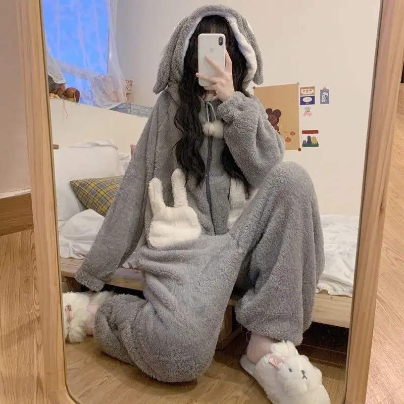 Thickened Coral Fleece Hooded Jumpsuit Pajamas Sleepwear Cute Cartoon Nightwear Pijamas Suit Winter Warm Flannel Home Wear