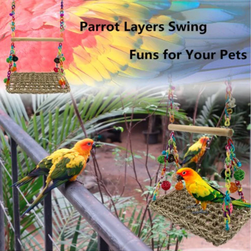 1PCS Parrot Toy Bird Toy Parrot Swing Seagrass Mat Parrot Swing Toy with Wooden Perch for Parakeets Budgie Ladder Swing Supplies