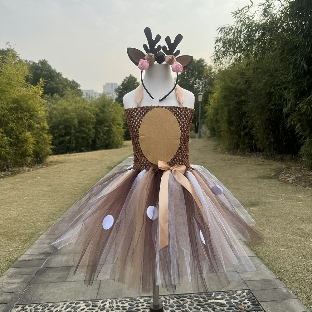 

Deer Tutu Dress Girl Christmas Dresses with Headband Kids Halloween Costume Baby Girl Princess Elk Reindeer Outfit for New Year