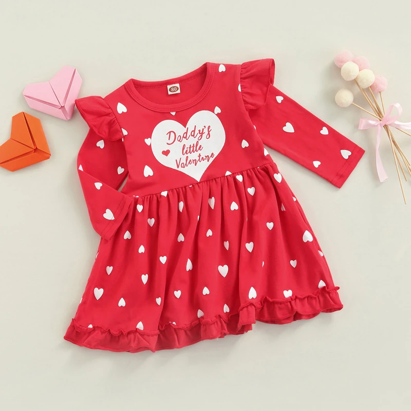 

Girl s Heart Print Ruffle Long Sleeve Round Neck Dress with Floral Embroidery for Birthday Celebration and Holiday Trip