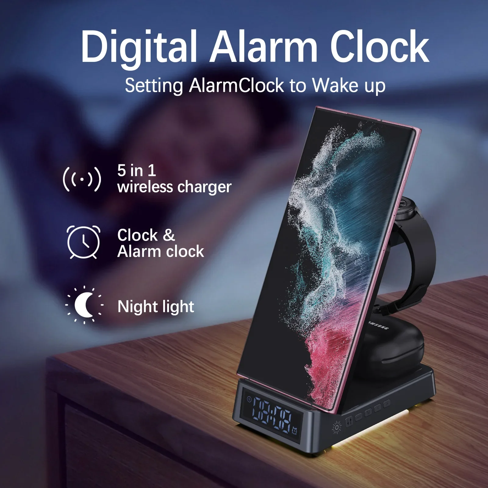 Cross Border Multifunctional Wireless Charger with Clock Alarm Function, Small Night Light Function, Coil for Mobile Charging