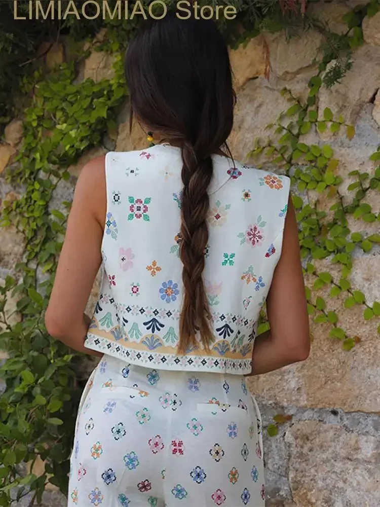 캐주얼 린넨 셔츠 자수 조끼 바지 세트, 등 없는 긴 소매 블라우스, 단추 탑, 여성 정장, 루즈 와이드 레그 팬츠 세트, 신상