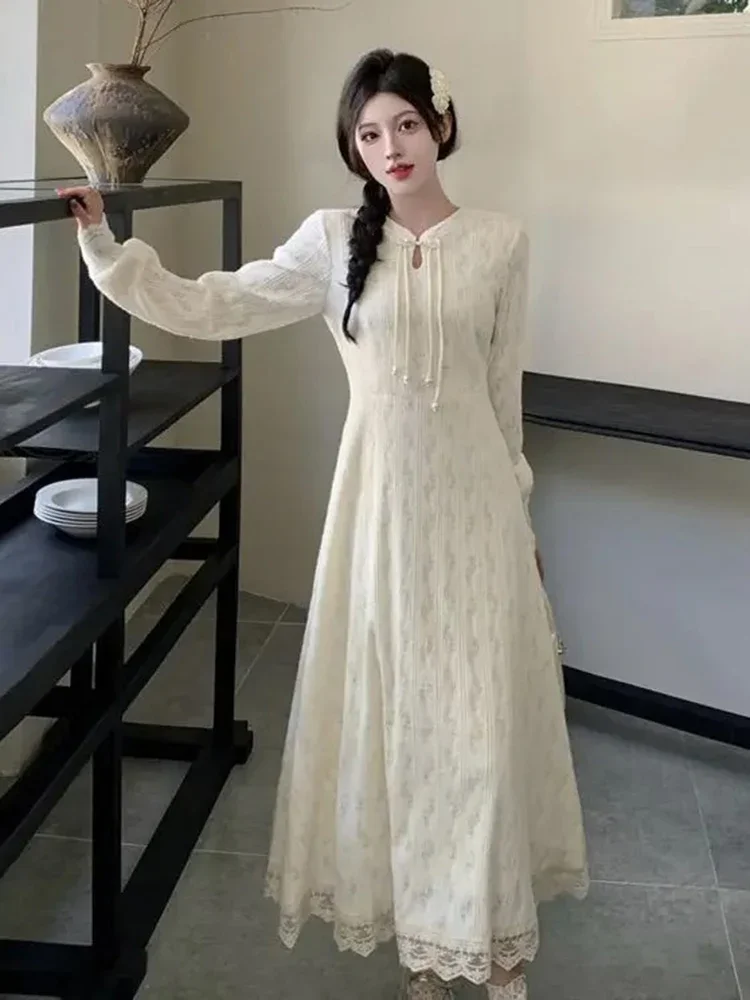 중국 스타일 롱 드레스 가을 겨울 솔리드 화이트 우아한 여성 드레스 패션 빈티지 스위트 베스티도스 무헤르