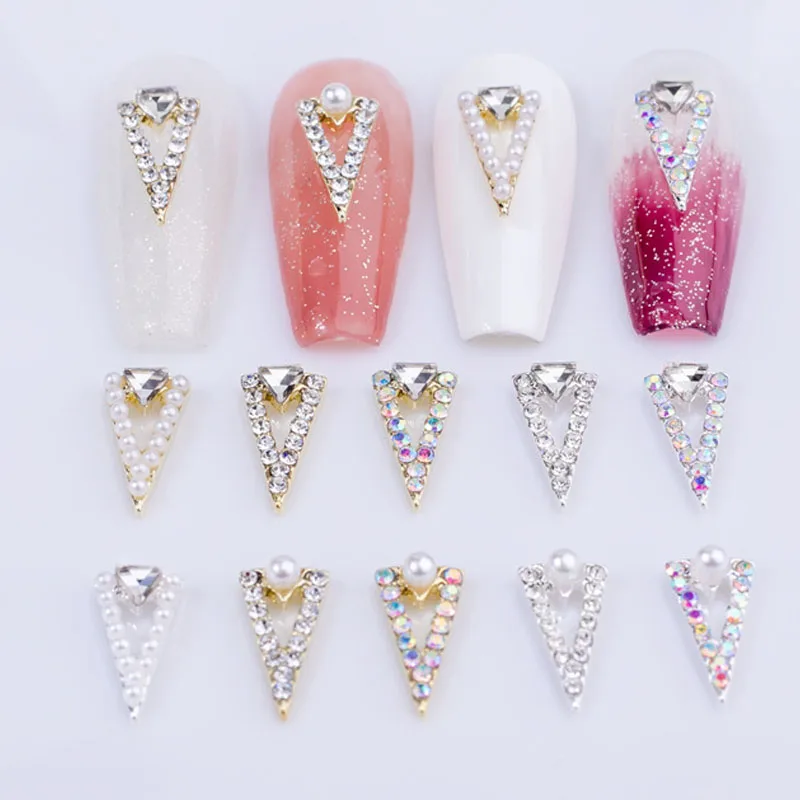 10PCS Shinny Nail Gems Crystal AB Pearl Triangle Nail Rhinestions Flatback Gemstones Manicure Nail Art Decoration Charms Jewelry