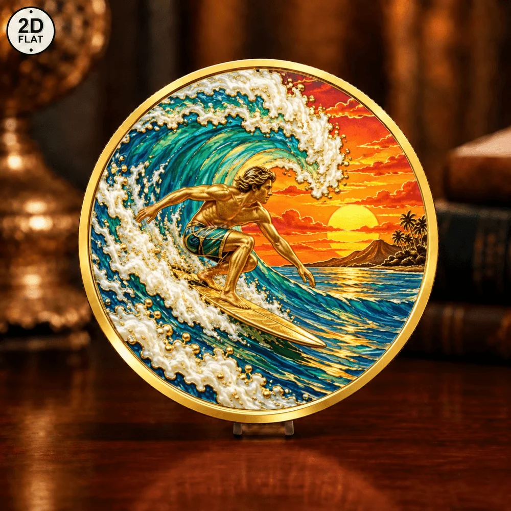 1pc Golden Plated Beach Surfer Metal Challenge Coin Color Print Sunset Ocean Big Wave Commemorative Token Gift for Surfing Fans