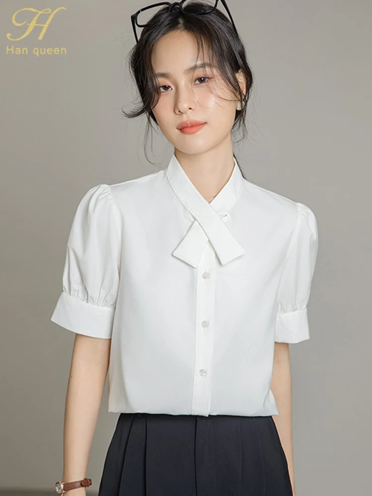 

H Han Queen Summer Elegant Blouse Womens Loose Casual Short Sleeve Vintage Shirts Office Tops Korean Reviews Many Girls Clothes