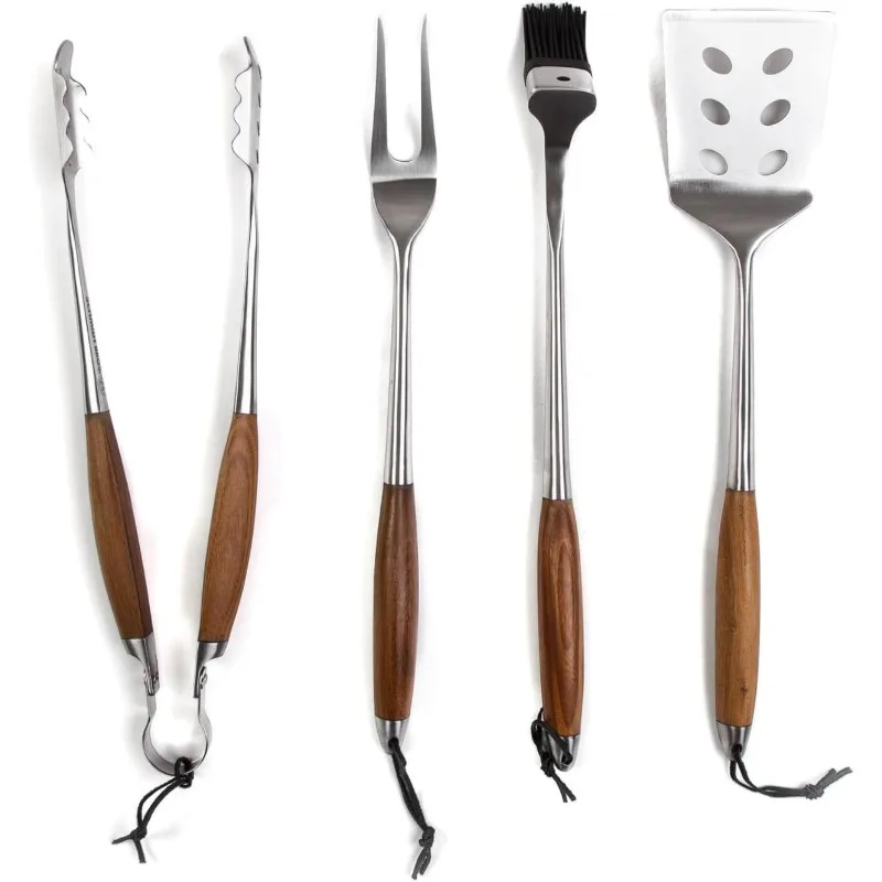 

BBQ Bonded Teak 4 Piece Grilling Accessory Set, Full-Forged Stainless Steel Grilling Utensils Including Spatula