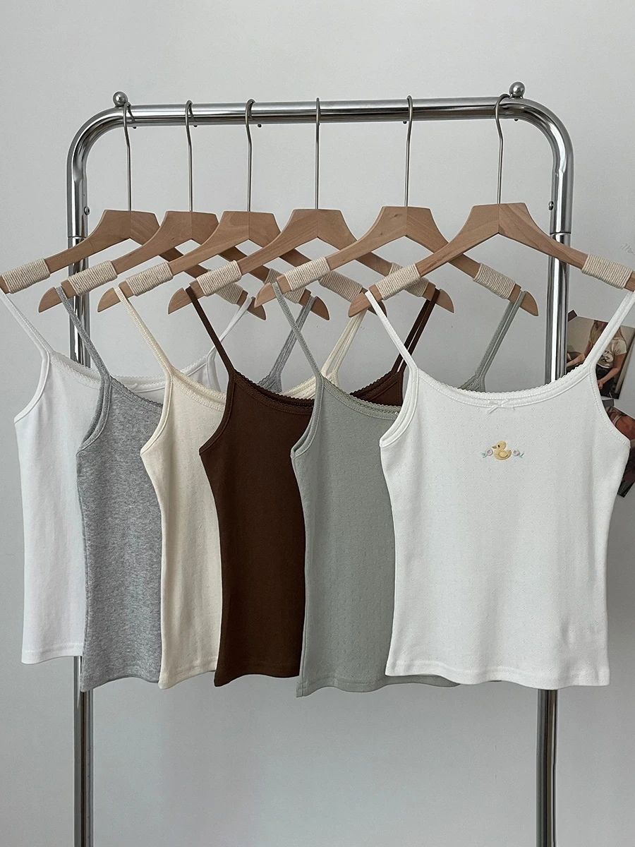 Little Duck Embroidery Cute Crop Top Summer Bow Cotton Sleeveless Slim Tank Tops Women Preppy Style Solid Sweet Camisole Y2k