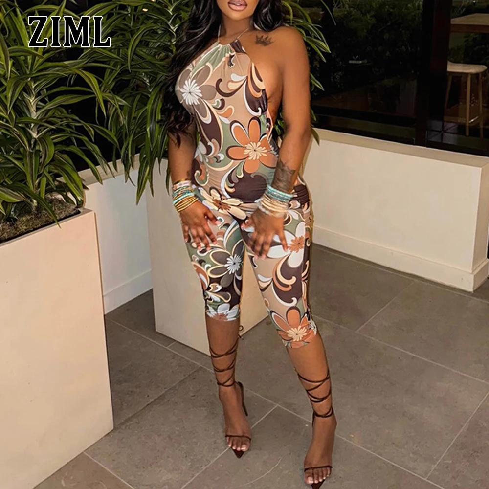 

ZIML Hit Color Printng Slimming Backless Jumpsuits for Women Diagonal Sleeveless High Waist Temperament Jumpsuits Female Style