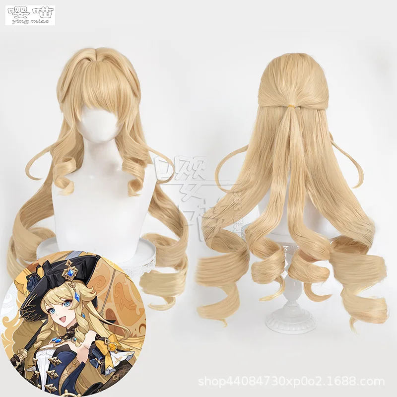 Navia Cosplay Wig Game Genshin Impact 115CM Gold Heat Resistant Synthetic Wig Anime Navia Cosplay Wigs Halloween Party Men Women