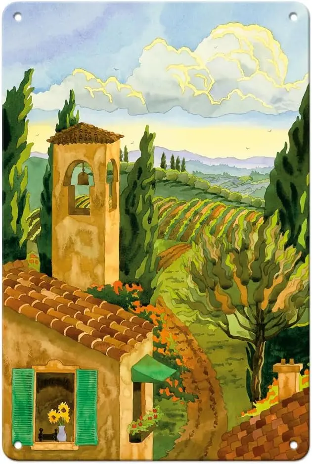 Pacifica Island Art Tuscan Afternoon - Tuscany Italy - Italian Villa Vineyards Cypress Trees - From an Original Watercolor Paint