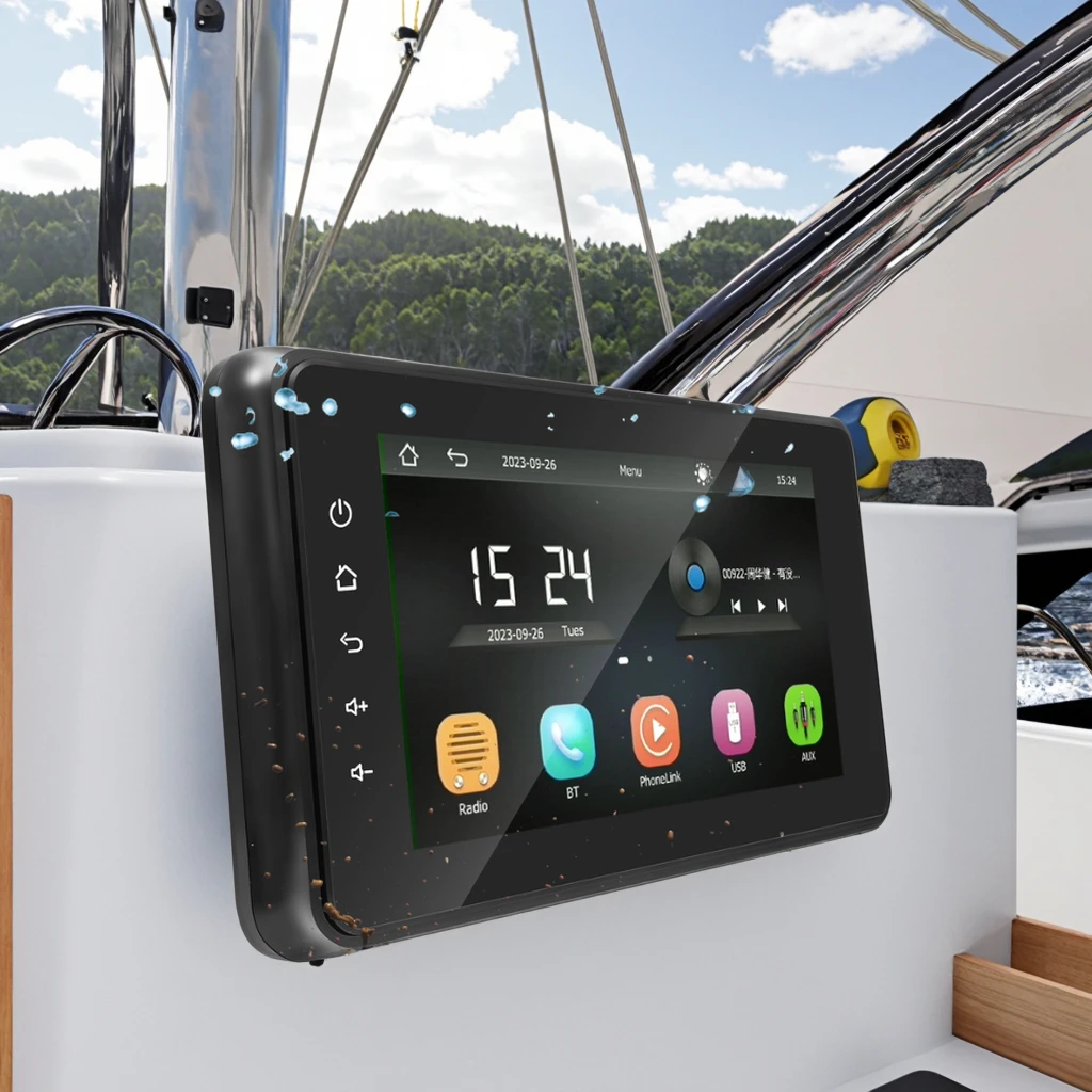 8인치 터치스크린 해양용 스테레오 유선 무선 카플레이 및 안드로이드 오토 MP5 플레이어 BT 스트리밍 IP66 요트 ATV UTV RV
