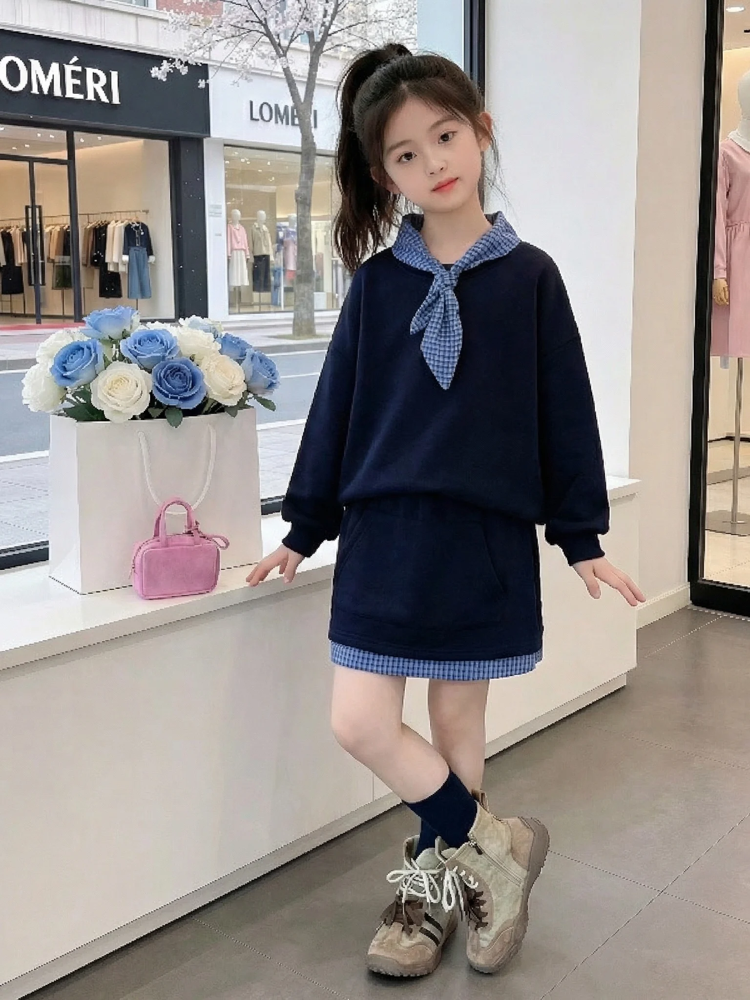 

Stylish Long Sleeve Hoodie And Skirt Set for Girls Spring Fashionable Polka Dot High Waist Short Skirt Knot Design
